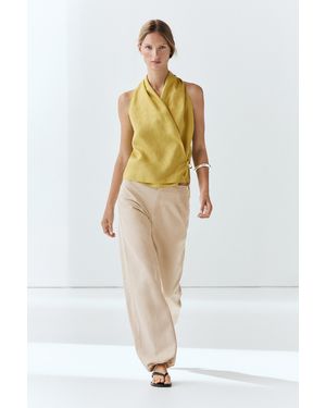 MASSIMO DUTTI 100% Linen Crossover Halter Top - Yellow