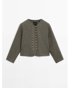 MASSIMO DUTTI Jacket With Ball Button Fastening - Green