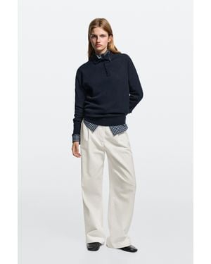MASSIMO DUTTI Low-Rise Wide-Leg Pleated Trousers - Blue