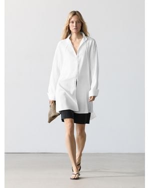 MASSIMO DUTTI Flowing Linen Blend Shirt With Stand Collar - White