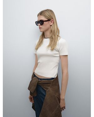 MASSIMO DUTTI Geripptes T-Shirt Mit Kurzen Ärmeln - Weiß