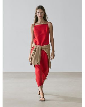 MASSIMO DUTTI 100% Linen Midi Dress With Straight Neckline - Red