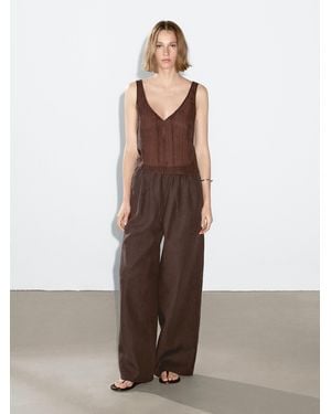 MASSIMO DUTTI Flowing 100% Linen Trousers - Brown