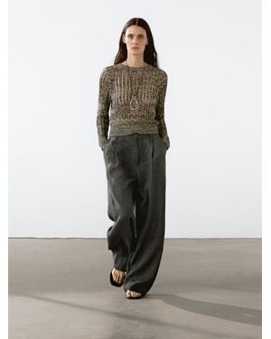 MASSIMO DUTTI 100% Linen Wide-Leg Trousers - Multicolour