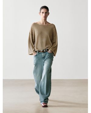 MASSIMO DUTTI 100% Cotton Striped Knit Sweater - Brown