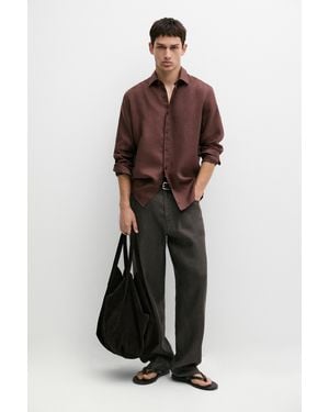 MASSIMO DUTTI Slim Fit 100% Linen Shirt - Brown
