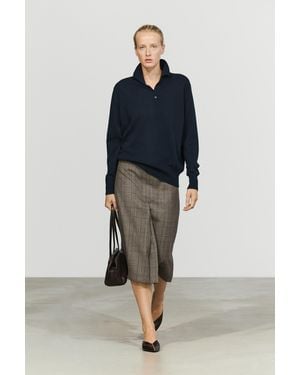 MASSIMO DUTTI 100% Wool Check Midi Skirt With Front Pleat Detail - Blue