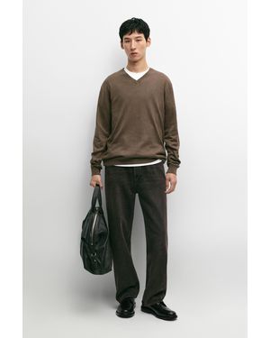 MASSIMO DUTTI Cotton Blend V-Neck Knit Jumper - Natural