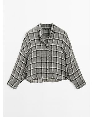 MASSIMO DUTTI 100% Linnen Overhemd Met Ruiten - Grijs