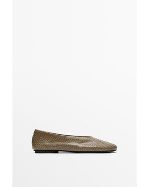 MASSIMO DUTTI Round Toe Leather Ballet Flat - White