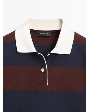 MASSIMO DUTTI Striped Long Sleeve Cotton Polo Shirt - Black
