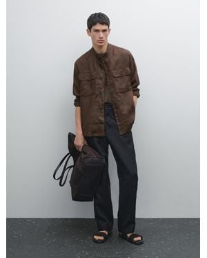 MASSIMO DUTTI Giacca Camicia Con Collo Alla Coreana 100% Lino - Rosso