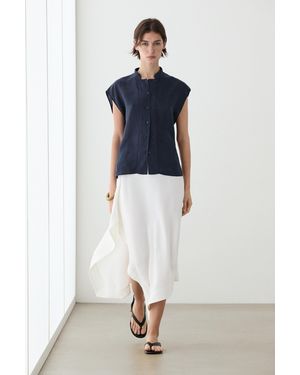 MASSIMO DUTTI Flowing 100% Linen Shirt With Button Detail - Blue