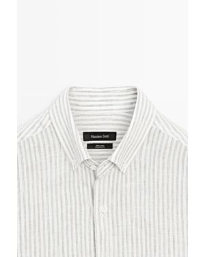 MASSIMO DUTTI Pinstriped 100% Linen Shirt - Green