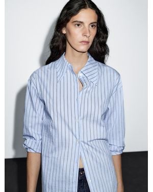 MASSIMO DUTTI Striped Cotton Blend Shirt - Blue