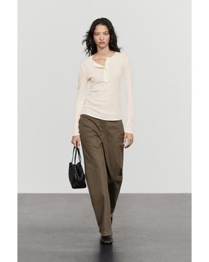 MASSIMO DUTTI Shirt Mit Rundausschnitt Mit Knopfleiste, Lange Ärmel, Baumwollmischgewebe - Natur