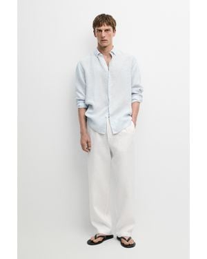 MASSIMO DUTTI 100% Linen Regular Fit Striped Shirt - Blue