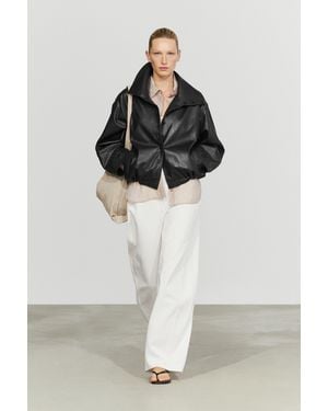 MASSIMO DUTTI Nappa Leather Bomber Jacket With Button Detail - Black
