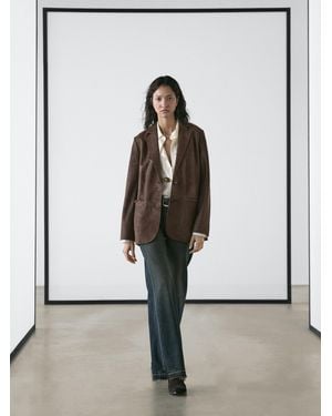 MASSIMO DUTTI Americana Solapa Piel Ante - Gris