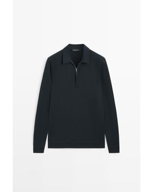 MASSIMO DUTTI Long Sleeve Polo With Zip Detail - Blue