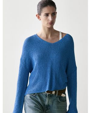 MASSIMO DUTTI Cotton Blend V-Neck Knit Jumper - Blue