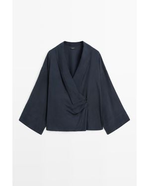 MASSIMO DUTTI Soepelvallende Overslagblouse Met Plooidetail - Blauw