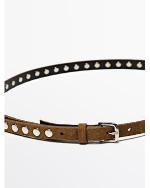 MASSIMO DUTTI Thin Leather Belt With Stud Detail - White