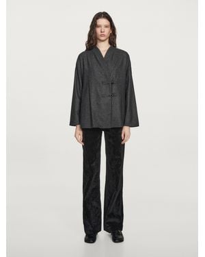 MASSIMO DUTTI Knickerbocker Yarn Effect Wool Blend Shirt With Horn Button Detail - Black