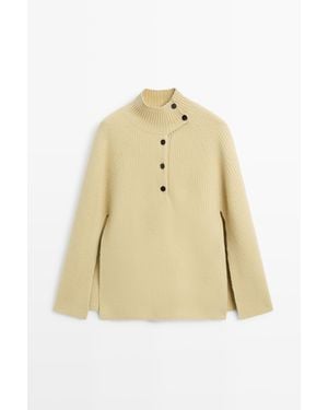 MASSIMO DUTTI 100% Wollen Gebreide Cape Met Knoopdetail - Naturel