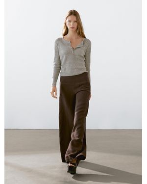 MASSIMO DUTTI High-Waist Wide-Leg Linen Trousers - Brown