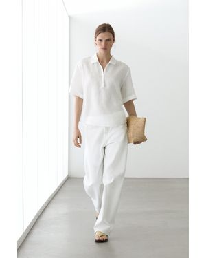 MASSIMO DUTTI Short Sleeve Linen Polo Shirt - White