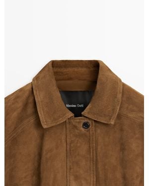MASSIMO DUTTI Short Suede Leather Bomber Jacket - Green