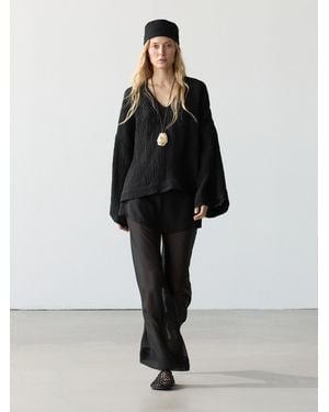 MASSIMO DUTTI Blusa Fluida Gofrado 100% Lino - Negro
