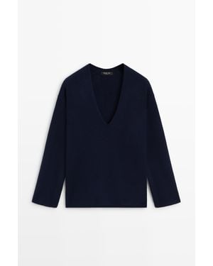 MASSIMO DUTTI Gebreide Wolmix Trui Met V-Hals - Blauw