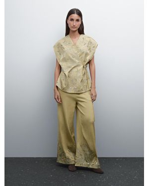 MASSIMO DUTTI Kurzer Ärmelloser Kimono Mit Stickerei - Grün