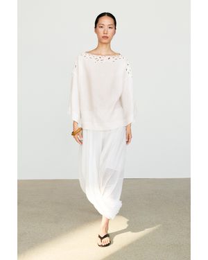 MASSIMO DUTTI Linen Boat Neck Blouse With Embroidery - White