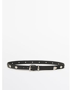 MASSIMO DUTTI Leather Belt With Stud Details - White