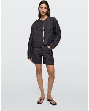 MASSIMO DUTTI Total Look Mid-Rise Denim Bermuda Shorts - Blue