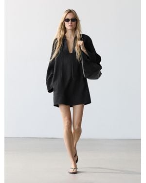 MASSIMO DUTTI 100% Linen Stand Collar Mini Dress - Black