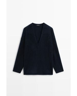 MASSIMO DUTTI Oversized Tricot Trui Met V-Hals - Blauw