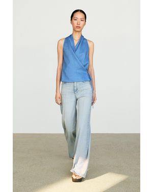 MASSIMO DUTTI 100% Linen Crossover Halter Top - Blue