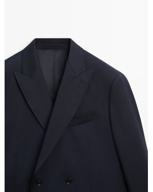 MASSIMO DUTTI 100% Cool Wool Double-Breasted Suit Blazer - Blue