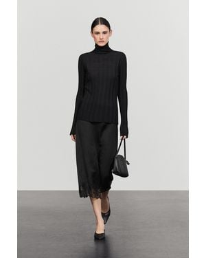 MASSIMO DUTTI Flowing Midi Skirt With Lace Detail - Black