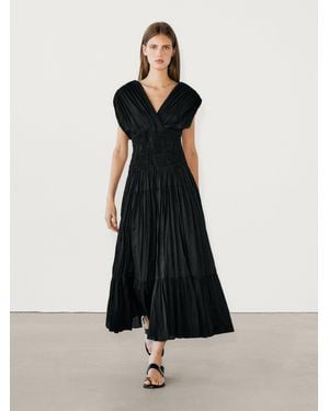 MASSIMO DUTTI Vestido Midi Plisado Detalle Fruncido - Negro