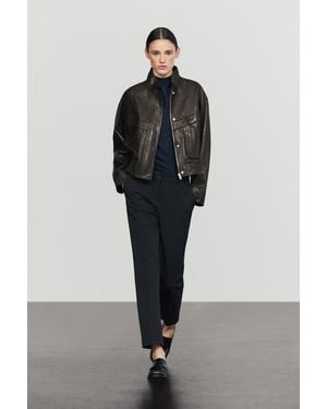 MASSIMO DUTTI Kurze Lederjacke Mit Stehkragen - Schwarz