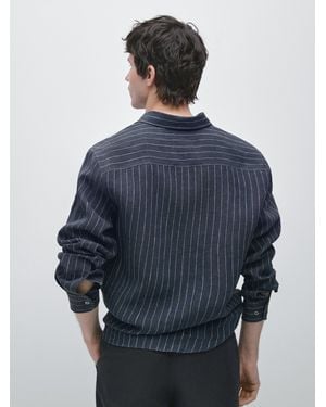 MASSIMO DUTTI 100% Linen Striped Shirt - Blue