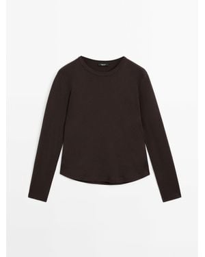 MASSIMO DUTTI Katoenen T-Shirt Met Lange Mouw - Zwart