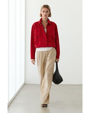 MASSIMO DUTTI Suede Leather Bomber Jacket With Pockets Detail - Red