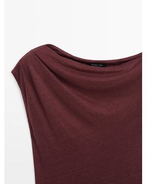 MASSIMO DUTTI Asymmetric Draped Linen Blend Top - Purple