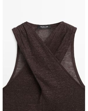 MASSIMO DUTTI Linen Blend Surplice Neck Top - Brown